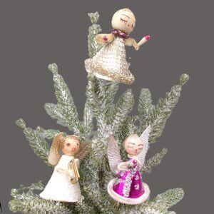 3 Vintage Spun Cotton Putz Cone Angel Christmas Ornaments Display